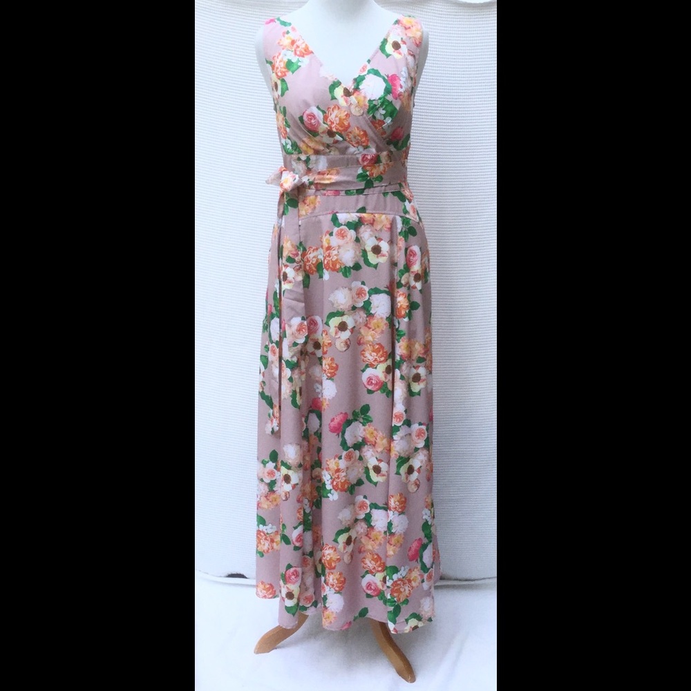 eshakti Pink Floral Maxi Dress with Green Accents